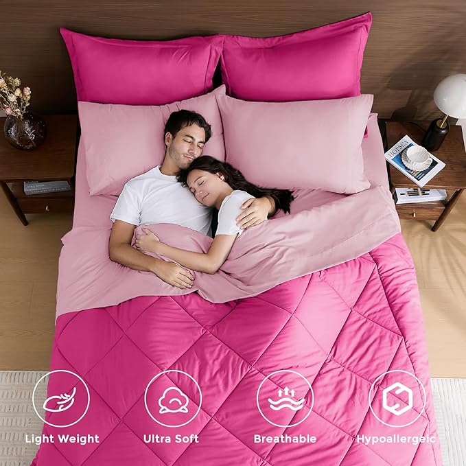 HEVUMYI Hot Pink & Baby Pink Twin Comforter Set - 5-Piece All Season Bed in a Bag Twin, Ultra Soft Bedding Set with Comforter, Flat Sheet, Fitted Sheet, Pillowcases, Pillow Shams