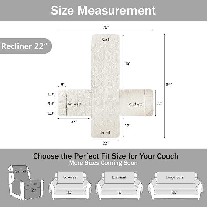 Quilted Recliner Chair Covers, Water-Repellent Slipcovers, Off White Recliner - Image 6