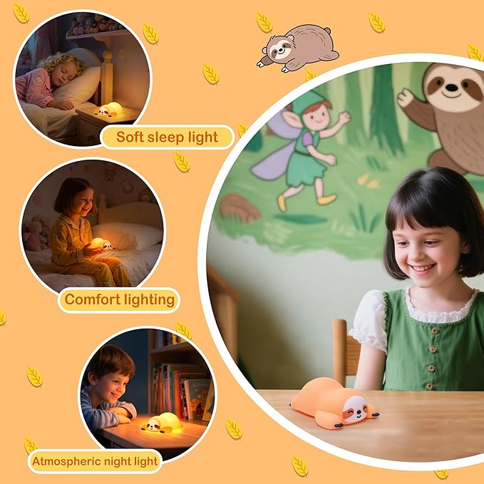 Sloth Night Light, Cute Sloth Gifts for Kids, Dimmable Silicone Animal Nursery Lamp,Adorable Rechargeable Squishy Night Light Touch Lamp for Girls Boys Room Decor