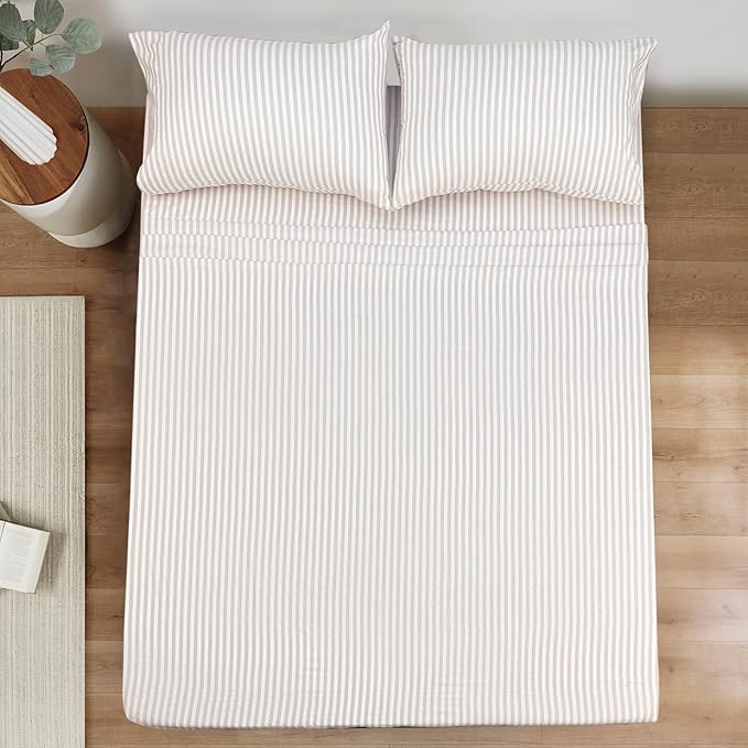 Mejoroom Striped King Size Sheet Set - Soft Microfiber Bed Sheets,Deep Pocket Fitted Sheet, Soft, Breathable, Wrinkle & Fade Resistant - 4 Piece (Beige Stripe)