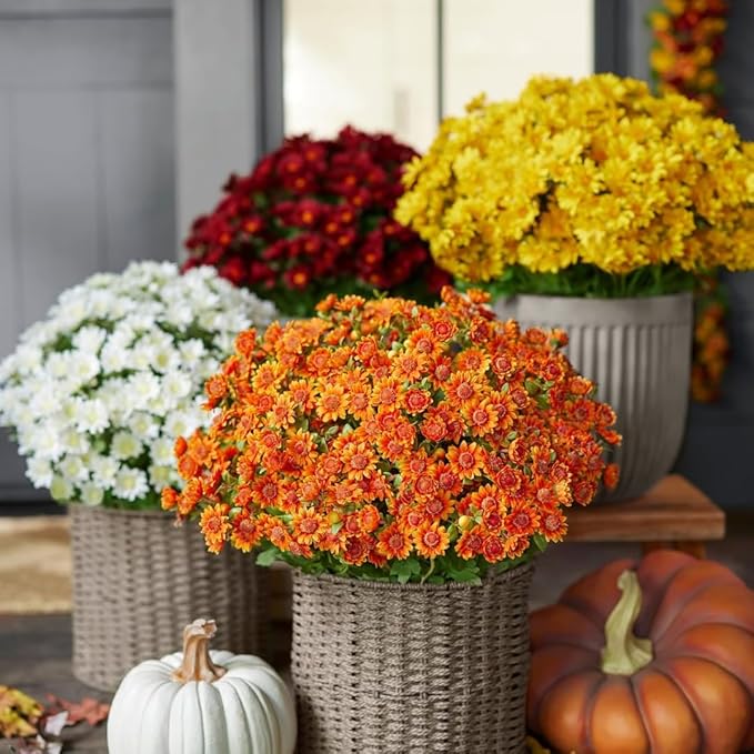 Artificial Mums for Outdoors, Faux Sunset Mum Flowers Planters for Indoor Outside Decor, Fake Look Real, Vibrant, UV Resistant, Waterproof, Windproof (Orange, 5 Bundle)