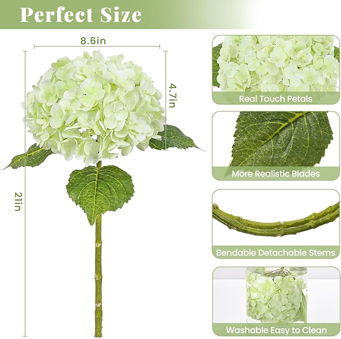 MARTINE MALL 3Pcs 21in Hydrangea Artificial Flowers, Latex Real Touch Hydrangeas Lifelike Large Hydrangea Flowers for Home Decor Party Arrangements Wedding Bouquets Centerpieces (Light Green)