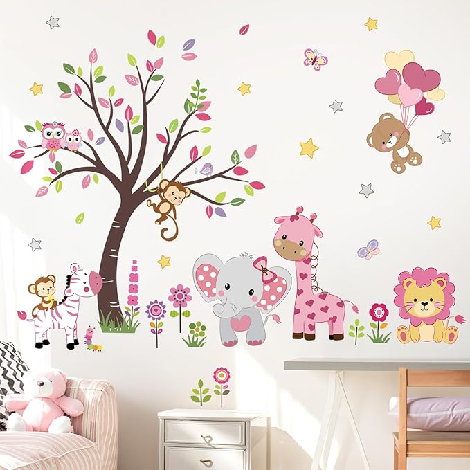 decalmile Pink Animal Tree Wall Decals Forest Lion Elephant Monkey Wall Stickers Girls Bedroom Baby Nursery Wall Decor