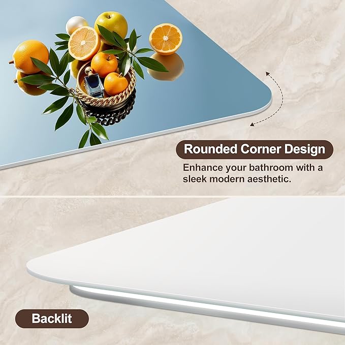 48''x36'' Lighted Mirrors for Bathroom Wall Backlit Rectangular Rounded Corners, LED Bathroom Mirror Frameless with Lights Anti Fog, Dimmable, 3 Colors,Tempered Glass, Shatter-Proof (Color 2)