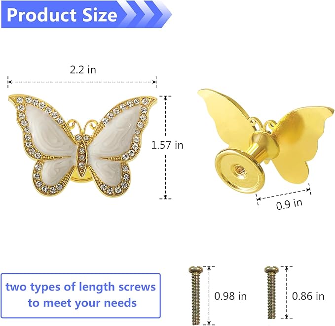 Butterfly Cabinet Knobs,6 Pieces Butterfly Knobs Single Hole Pulls Handles Decorative Door Cabinet Drawer Cupboard Furniture Door Wardrobe (Gold)