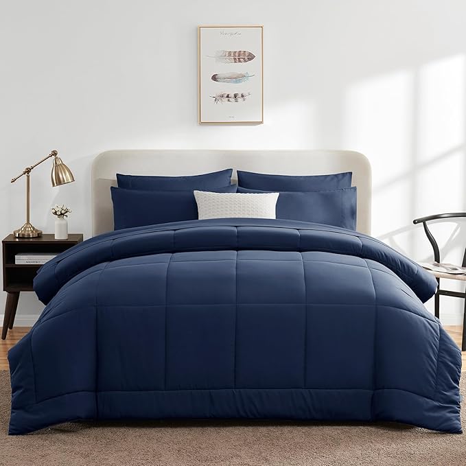 CozyLux Oversized Queen Comforter Sets Navy Blue, 7 Pieces Bed in a Bag, Ultra-Soft All Season Bedding Sets with Stitch Quilted Comforter, Flat Sheet, Fitted Sheet, Pillowcases, Navy Blue