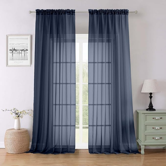 Navy Blue Sheer Curtains 96 Inches Long 2 Pcs, Light Filtering Window Curtains by Lecloud