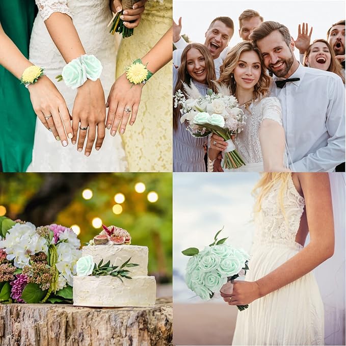 Artificial Flowers Realistic Roses, 25pcs Real Looking Fake Roses with Stem for DIY Wedding Bouquets Centerpieces Bridal Shower Party Home Romantic Decorations (Regular 3" - 25pcs, Light Green)