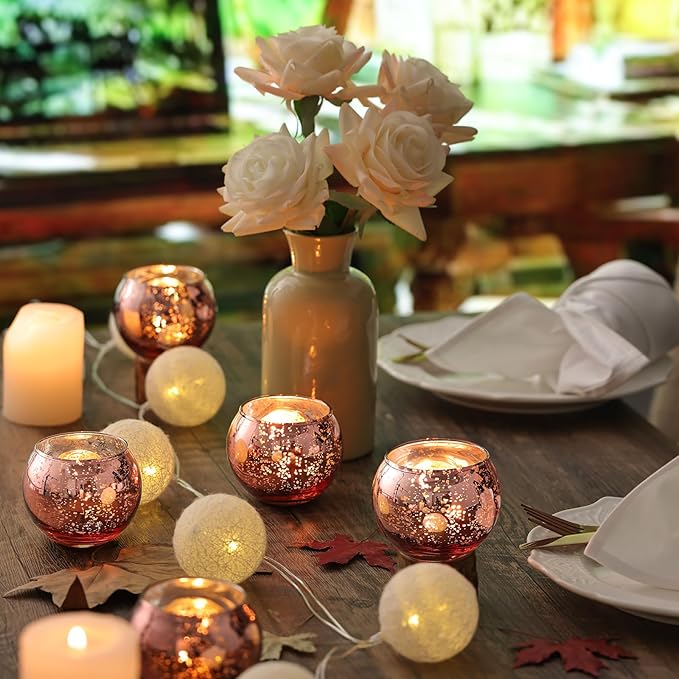 Volens Round Rose Gold Votive Candle Holders, Mercury Glass Tealight Candle Holder Set of 12