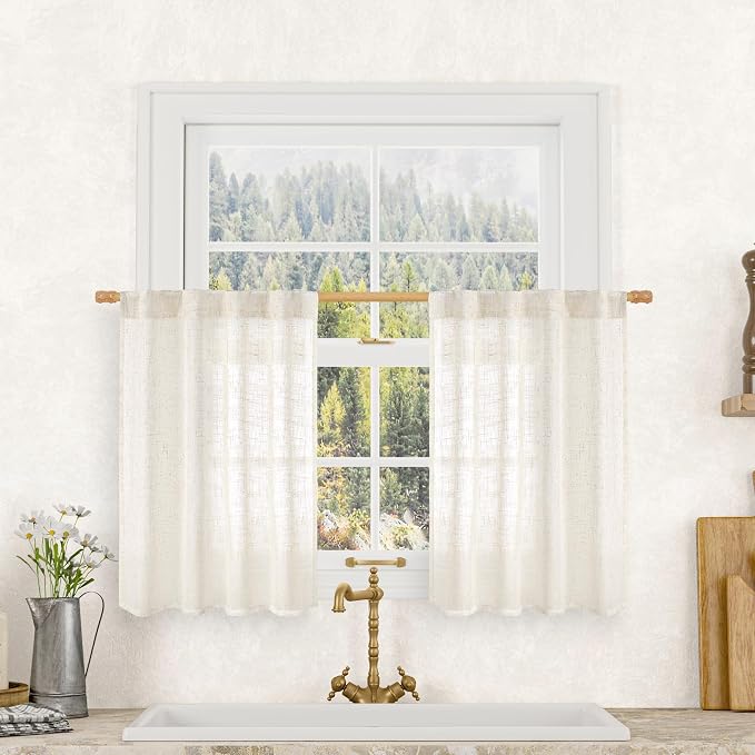 Semi Sheer Cream Linen Curtains 36 Inch Length 2 Panels 34x36 Inch | Light by LAMIT