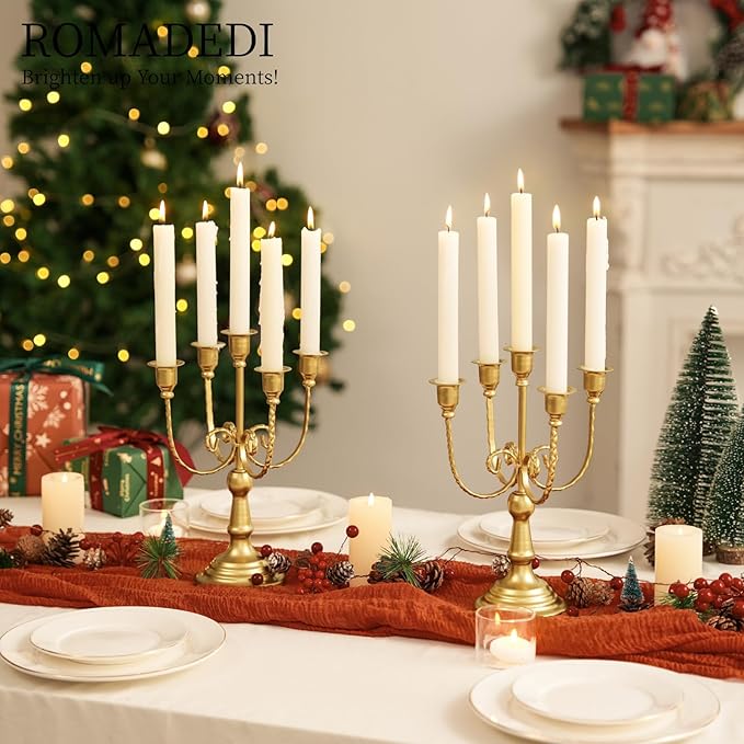Romadedi Candelabra Gold Candle Holders - 5 Arm 11.8" Wedding Candlestick Holder for Theme Party Table Centerpiece Decor Dining Room Birthday Holiday Christmas, Set of 6