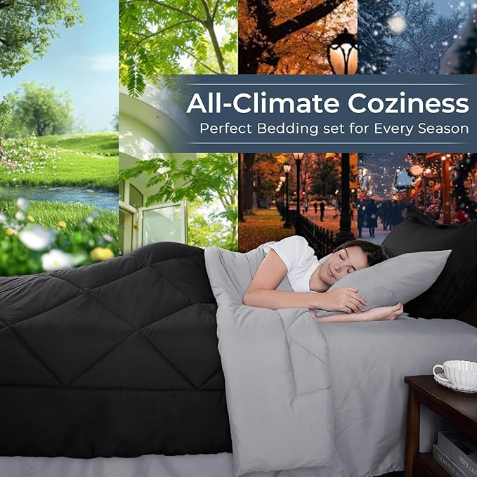 HEVUMYI Twin-XL Comforter Set - 5-Piece All Season Bed in a Bag Twin-XL, Ultra Soft Bedding Set with Comforter, Flat Sheet, Fitted Sheet, Pillowcases, Pillow Shams, Black & Light Grey