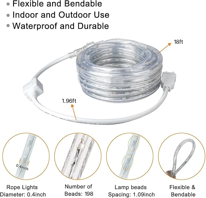 SURNIE LED Rope Lights Outdoor Warm White, Waterproof 18FT Cuttable 3000K Soft Lighting Indoor 110V Flexible Clear Tube for Bedroom Outside Garden Deck Patio Camping Decor, Not Flat Strip