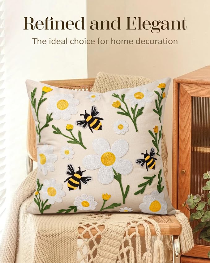 Embroidered Throw Pillow Cover 18x18 Inch, Flower Bee | Decorative Pillow Cover - Image 5
