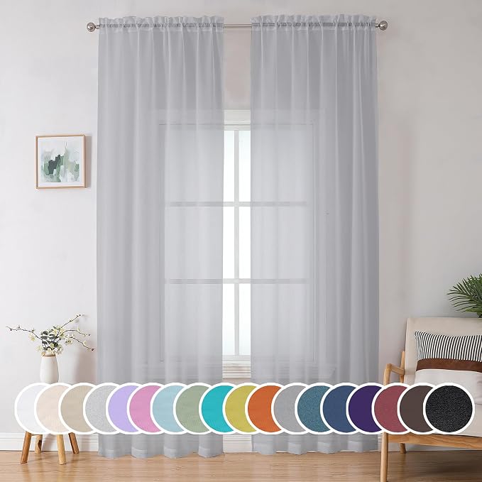 Sheer Curtains 96 inches Long for Bedroom Living Room, Solid Light Gray Soft by OWENIE