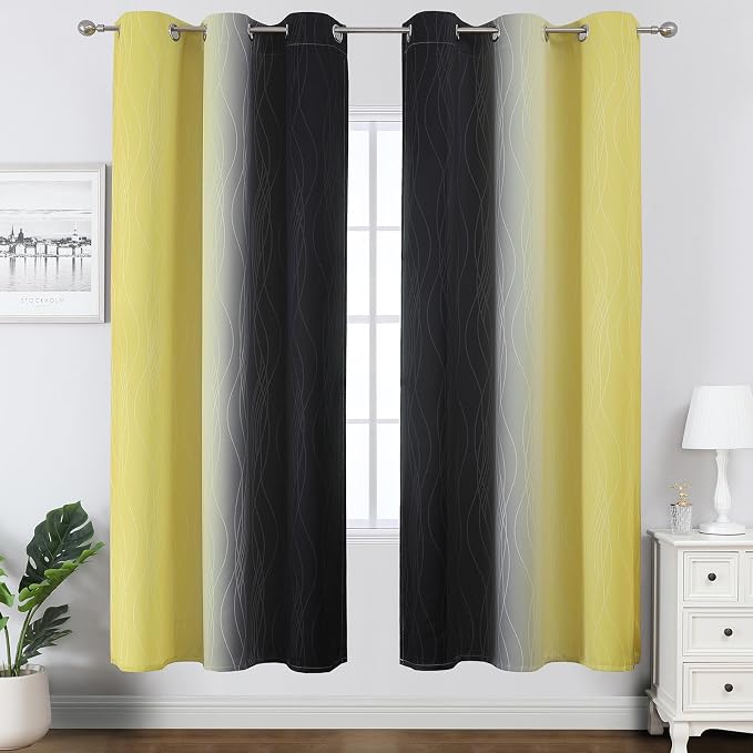 Black and Yellow Ombre Blackout Curtains 72 Inches Long | Room Darkening - Image 2
