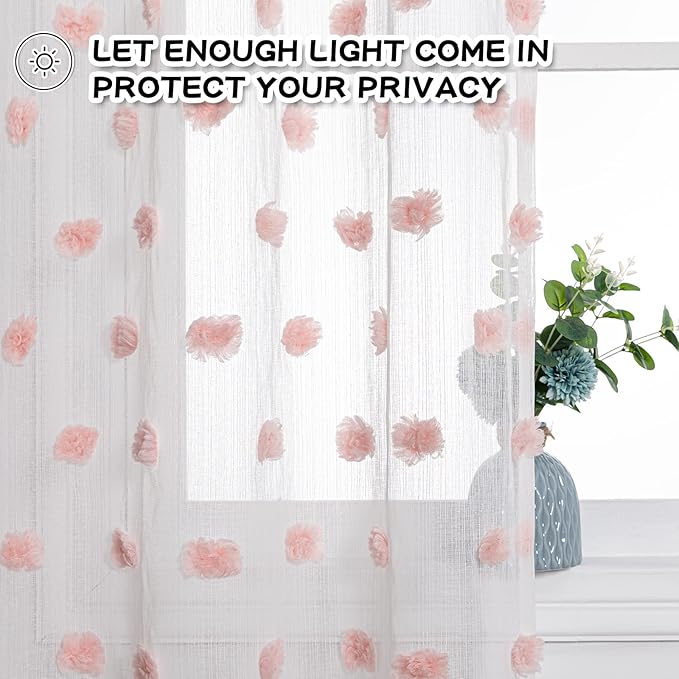 MYSKY HOME Large Pom Pom Curtains - 108 Inch Length, 2 Sets Semi Sheer Boho Curtains for Living Room, Dining Room, Baby Pink, Rod Pocket Backdrop Window Drapes, 37 x 108 inch
