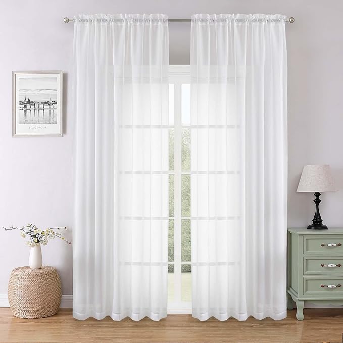 White Sheer Curtains 90 Inches Long 2 Panels, Light Filtering Airy Voile by Lecloud