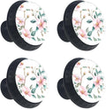 4 Pack 1.37" Dresser Drawer Knobs, Round Crystal Glass Cabinet Pulls with Screws for Kitchen, Bathroom, Nursery Nursery Kids Room (Pink Flowers with Green Leaves Branches)
