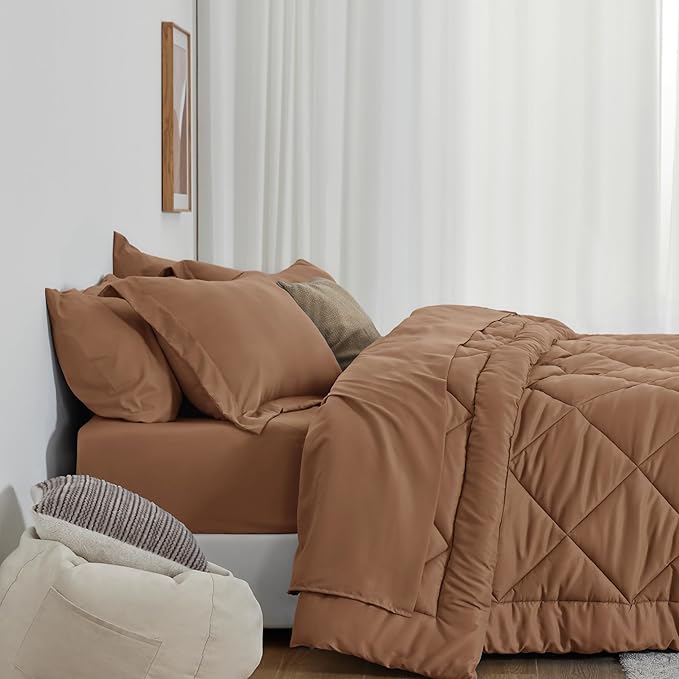 Love's cabin California King Comforter Set Mocha Mousse, 7 Pieces California King Bed in a Bag, All Season Bedding Sets with 1 Comforter, 1 Flat Sheet, 1 Fitted Sheet, 2 Pillowcase and 2 Pillow Sham