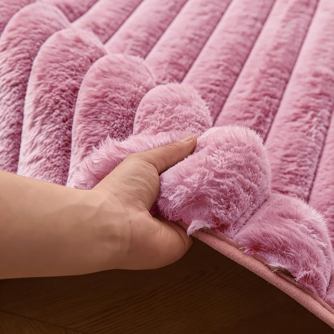 Dusty Rose Rabbit Striped Plush Rug 5'x8', Fluffy Shaggy Area Rug - Image 7