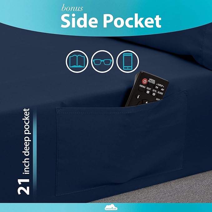 DREAMCARE Queen Sheet Set – 6 pcs Cooling Bed Sheets – up to 15” Deep Sheets Queen Size Bed Set – 2500 Supreme Collection – Extra Soft 100% Brushed Microfiber Hotel Luxury with Side Pocket – N Blue