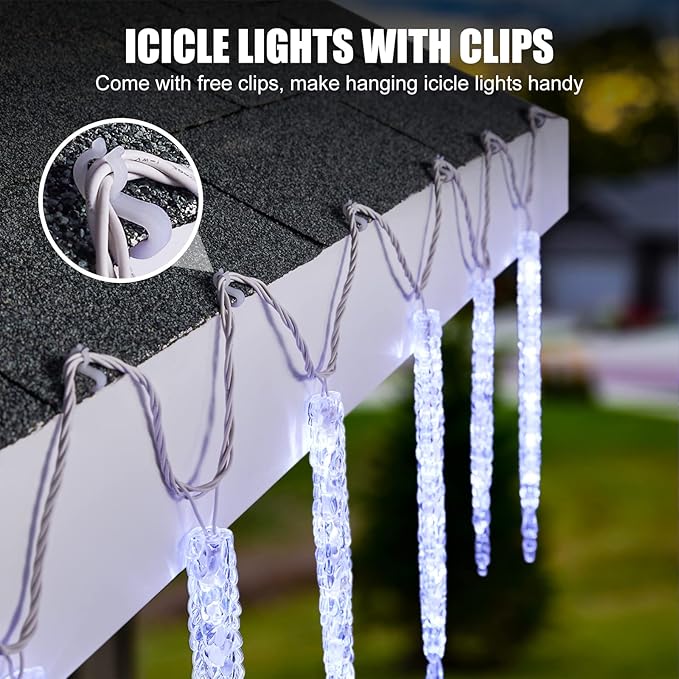 Minetom Icicle Lights Outdoor with Clips, 20ft 100 LED 20 Tubes Twinkling White Christmas String Lights, Connectable Waterproof Hanging Icicle String Light Plug in for Eave Holiday Outdoor