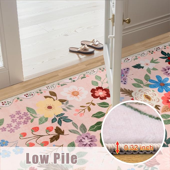 PLHXFR 2x6 Washable Runner Rug：Floral Indoor Kitchen Soft Carpet Beige | - Image 9