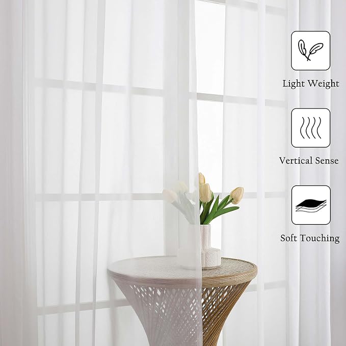 White Sheer Curtains 63 Inch Length 2 Pcs, Light Filtering Rod Pockets Window - Image 6