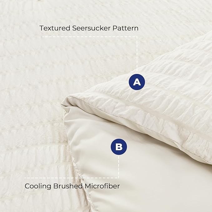 HYMOKEGE Ivory Twin Comforter Set Seersucker 5 Pieces, All Season Luxury Bed in a Bag for Bedroom, Bedding Set with Comforters, Sheets, Pillowcase & Shams