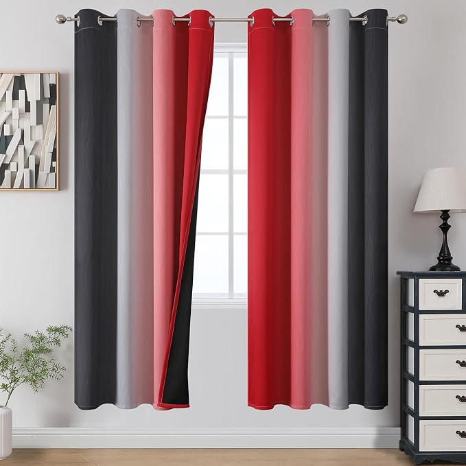 Red and Black Ombre Blackout Bedroom Curtains 72 Inch Long | Room Darkening by ESTELARTEXTILER