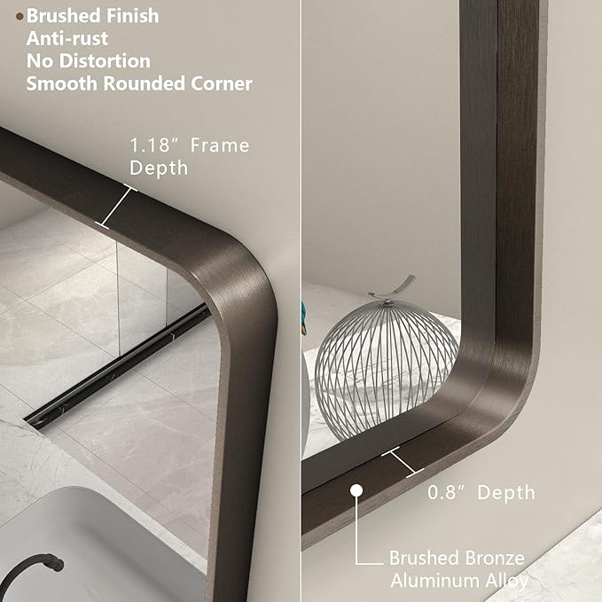 48x36 Bronze Framed Mirror for Wall, Bathroom Vanity Mirror with Brushed Bronze Metal Frame for Modern Farmhouse, Rounded Corner, Anti-Rust, Tempered Shatterproof (Horizontal/Vertical)