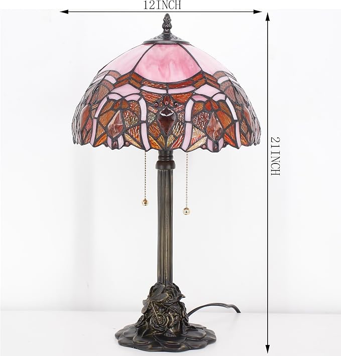 Tiffany Stained Glass Table Lamp 12X12X21Inch Resin Base Desk Bedroom Living Room Reading Light (Pink Jewelry)