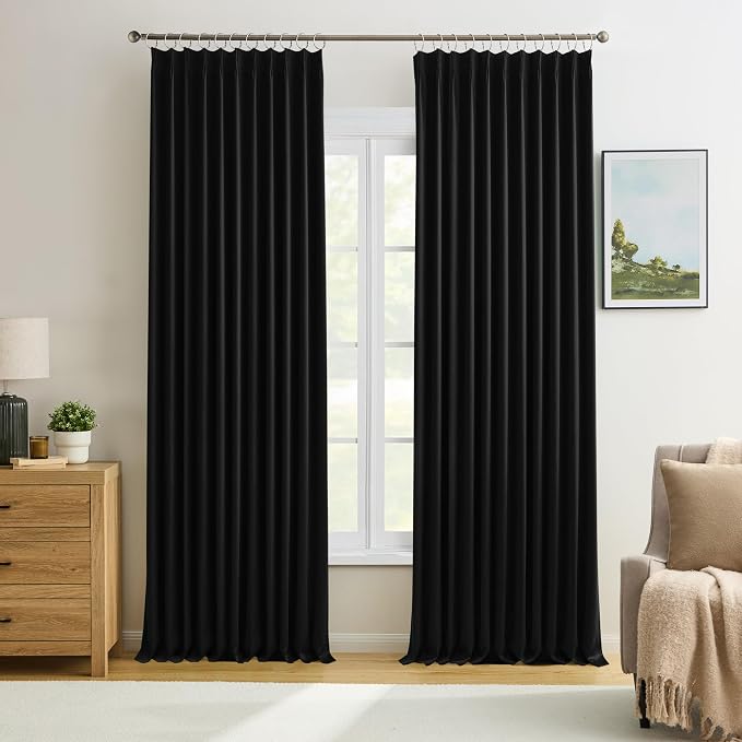 72 Inch Wide Black Pinch Pleated Curtains 72 x 95, Thermal Insulated Noise by KEQIAOSUOCAI
