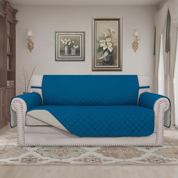 Easy-Going Reversible Couch Cover, 2 Cushion Sofa, Peacockblue/Beige | - Image 2