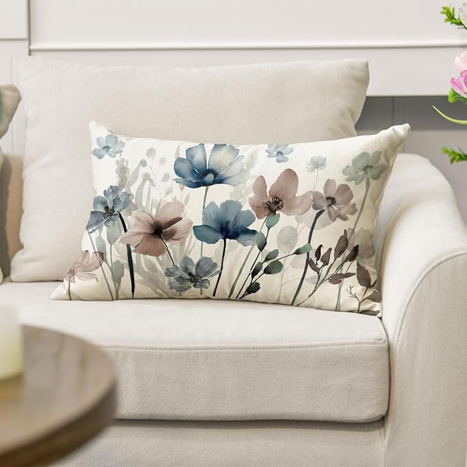 AVOIN colorlife Poppy Flowers Blue Brown Throw Pillow Cover 12x20 Inch | - Image 5