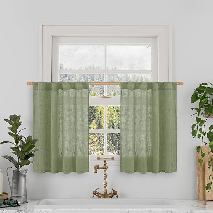 Short Window Linen Curtains 36 Inch Length 2 Panels, 34x36 Inch | Sage Green by LAMIT