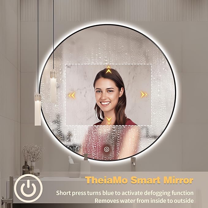44" Round LED Bathroom Mirror, Wall Mounted Round Backlit Mirror LED Bathroom Vanity Mirror with Lights Fog Free Circle Lighted Mirror with Black Frame, Smart Light up Mirror 3-Color