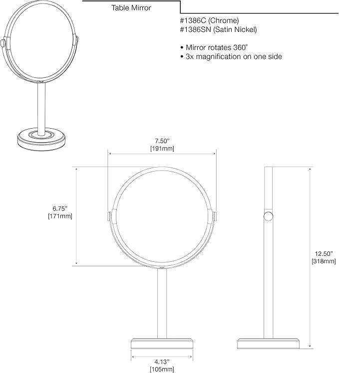 Gatco 1386SN Latitude II Minimalist Bathroom Counter Top Vanity, 3x Magnification Makeup Mirror, 12.5" Height, Satin Nickel