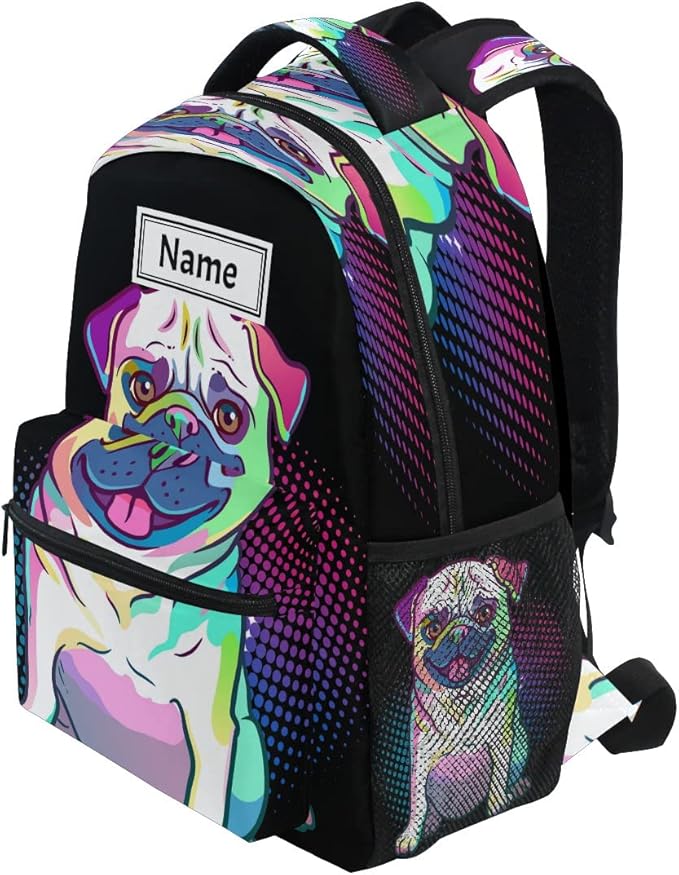 Custom Children's Name School Backpack Personalized Schoolbag Pug Dog Pop Art StyleTravel Bag for Teens Girls Boys