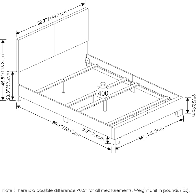 Furinno Pessac Fabric Upholstered Bed Frame with Wooden Slat Support, Full, Glacier