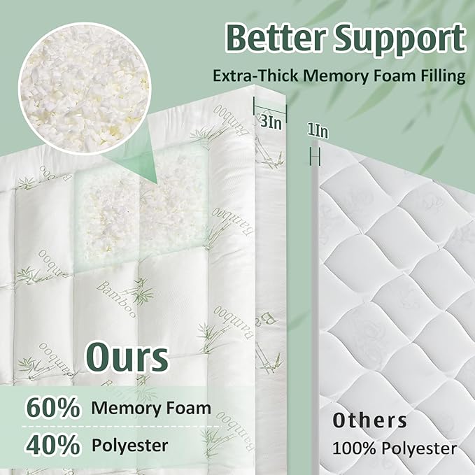 DOWNCOOL 3 Inch Memory Foam Mattress Topper Full – Cooling Pillow Top Mattress Topper for Back Pain Relief, with Bamboo Viscose Air Layer, 1700 GSM Fill, Deep Pocket Fits 8–21 Inch