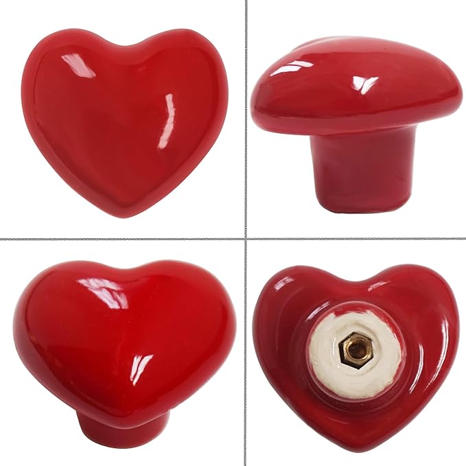 Heart Ceramic Dresser Drawer Knobs Heart Shape Cabinet Dresser Pulls Handles with 3 Sized Screws Kitchen Furniture Knobs (Red, 6 Pack)