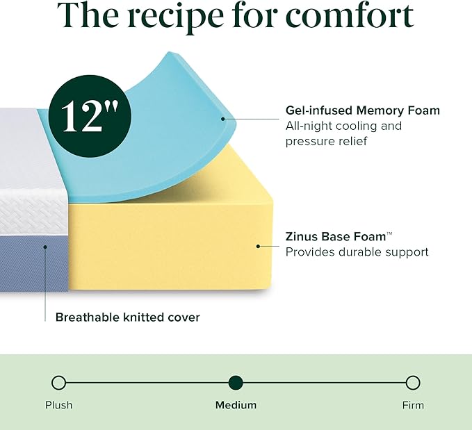 ZINUS 12 Inch Queen Cooling Essential Memory Foam Mattress [NewVersion], Fiberglass Free, Medium Feel, Breathable Cooling Layers, Certified Safe Materials