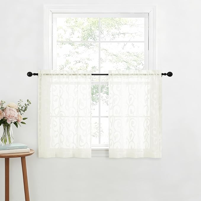 Furman Cafe Curtains 30 Inch Length 2 Panels Set, Elegant Geometric Jacquard - Image 2