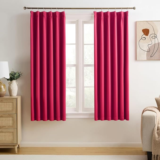 Pinch Pleated Hot Pink Blackout Curtains 63 Inches Long, Sound & Light Reducing by KEQIAOSUOCAI