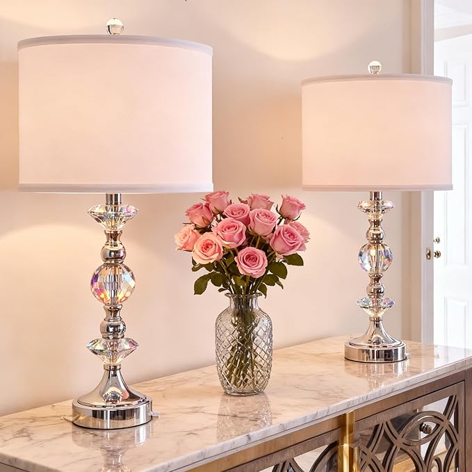 25.5" Crystal Table Lamps Set of 2 for Living Room, Modern Bedside Nightstand Lamps with USB A+C Charging Ports with White Shade, 3 Way Dimmable Nickel Bedroom Lamp for End Table