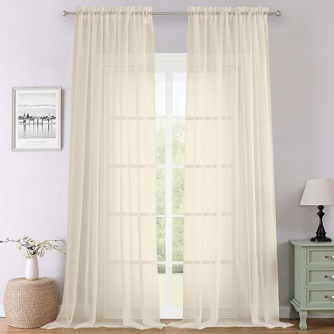 Cream Sheer Curtains 108 Inches Long 2 Pcs, Dual Rod Pocket Home Decor Living by Lecloud