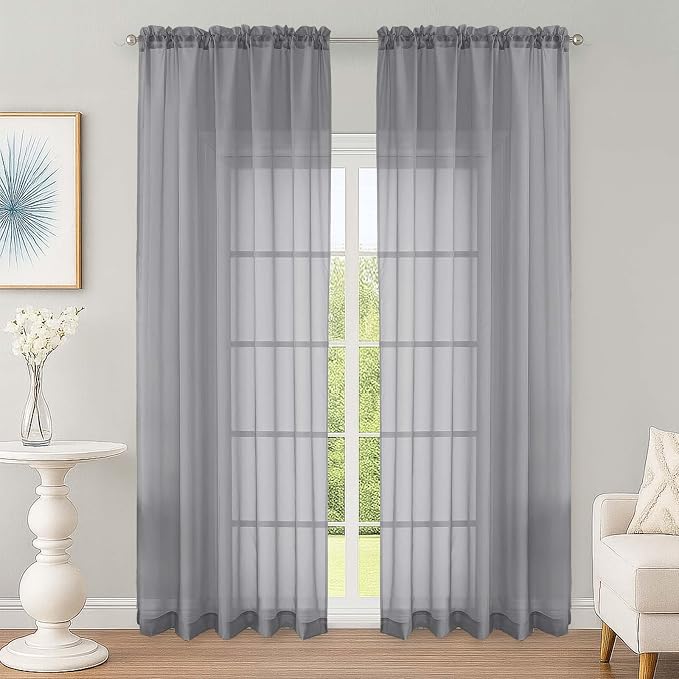 Grey Sheer Curtain 90 Inches Long 2 Panels Set, Solid Filmy Drapes by OWENIE