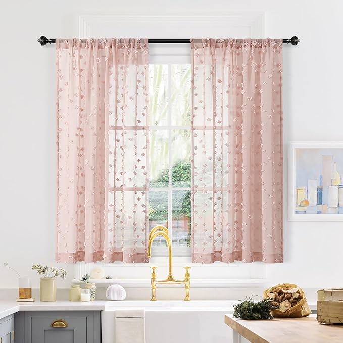 MYSKY HOME Pink Sheer Short Curtains with Pom Pom for Small Windows Dusty Rose Bedroom Nursery Kids Girls Room Curtains Cafe Kitchen Light Filtering Boho Drapes, Rod Pocket,38 x 45 Inches, 2 Panels